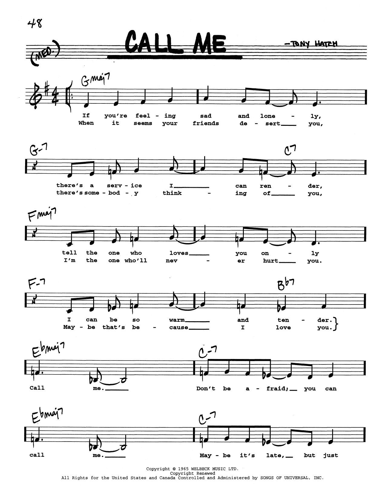 Tony Hatch Call Me (Low Voice) Sheet Music