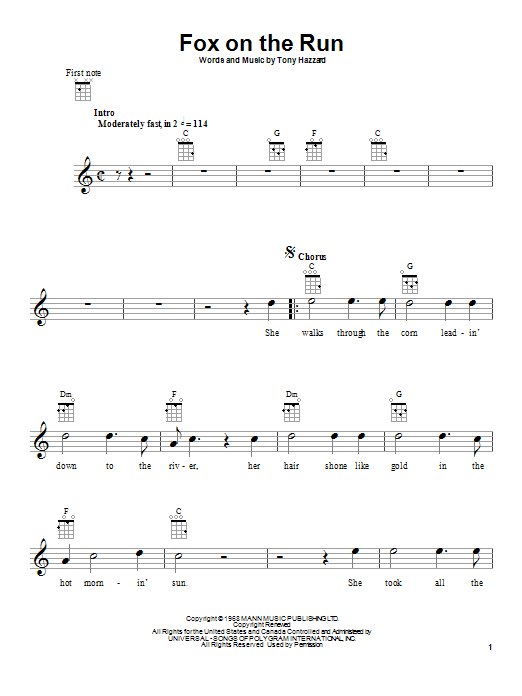 Tony Hazzard Fox On The Run Sheet Music
