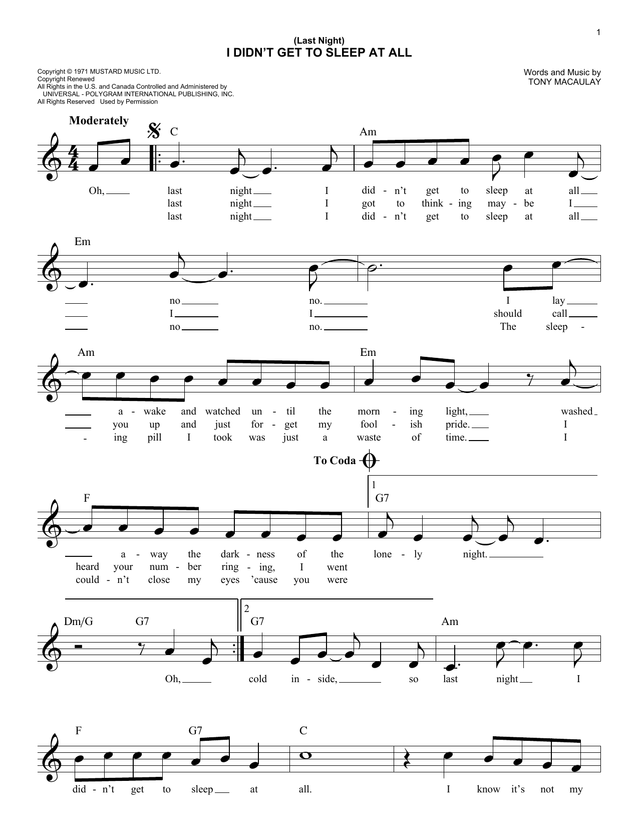 Tony Macaulay (Last Night) I Didn't Get To Sleep At All Sheet Music