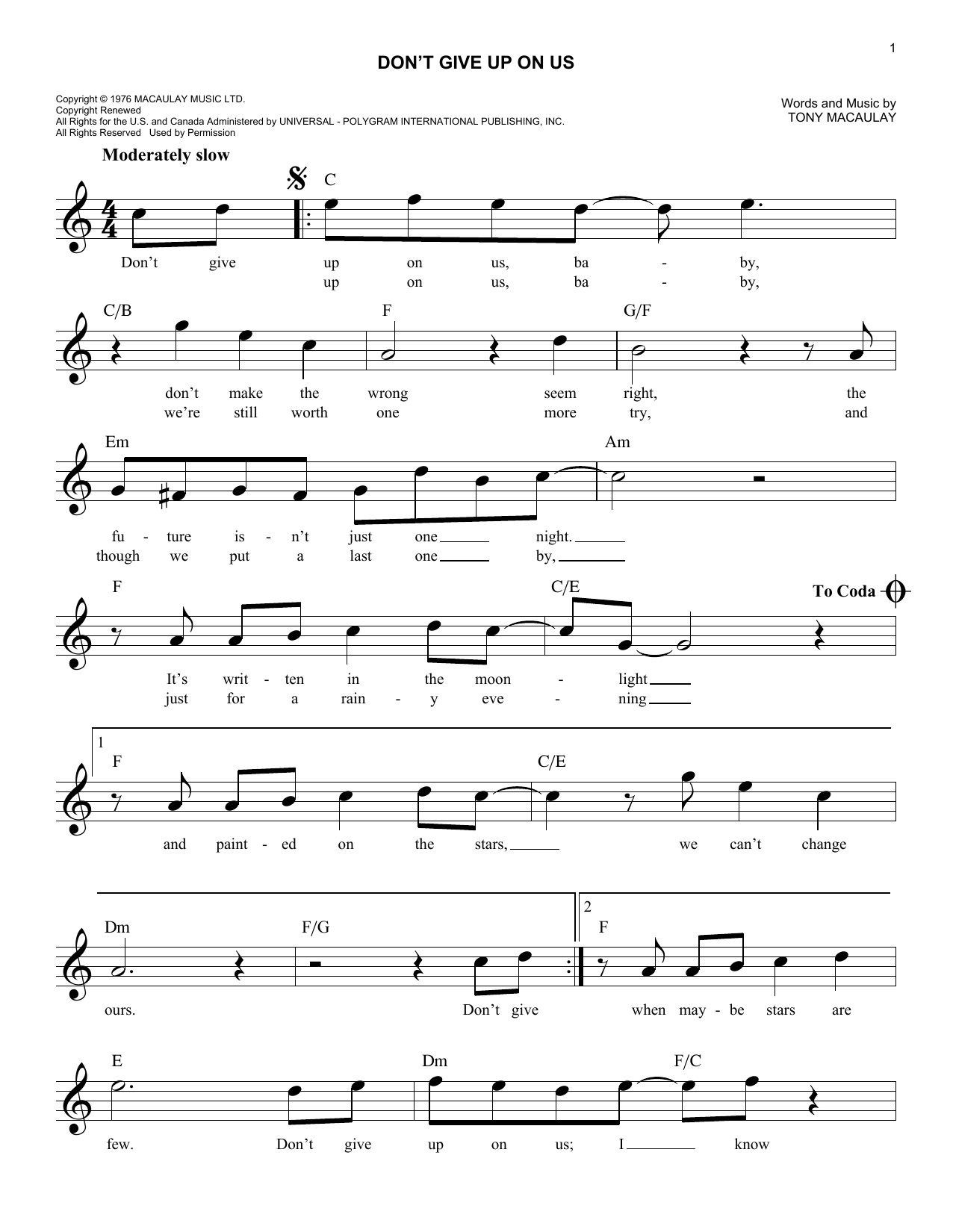 Tony MacAuley Don't Give Up On Us Sheet Music