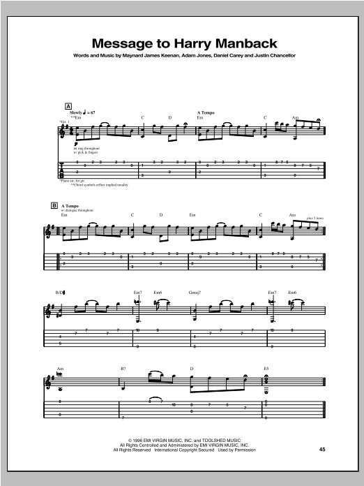 Tool Message To Harry Manback Sheet Music