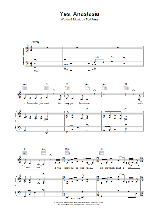Tori Amos Yes, Anastasia Sheet Music
