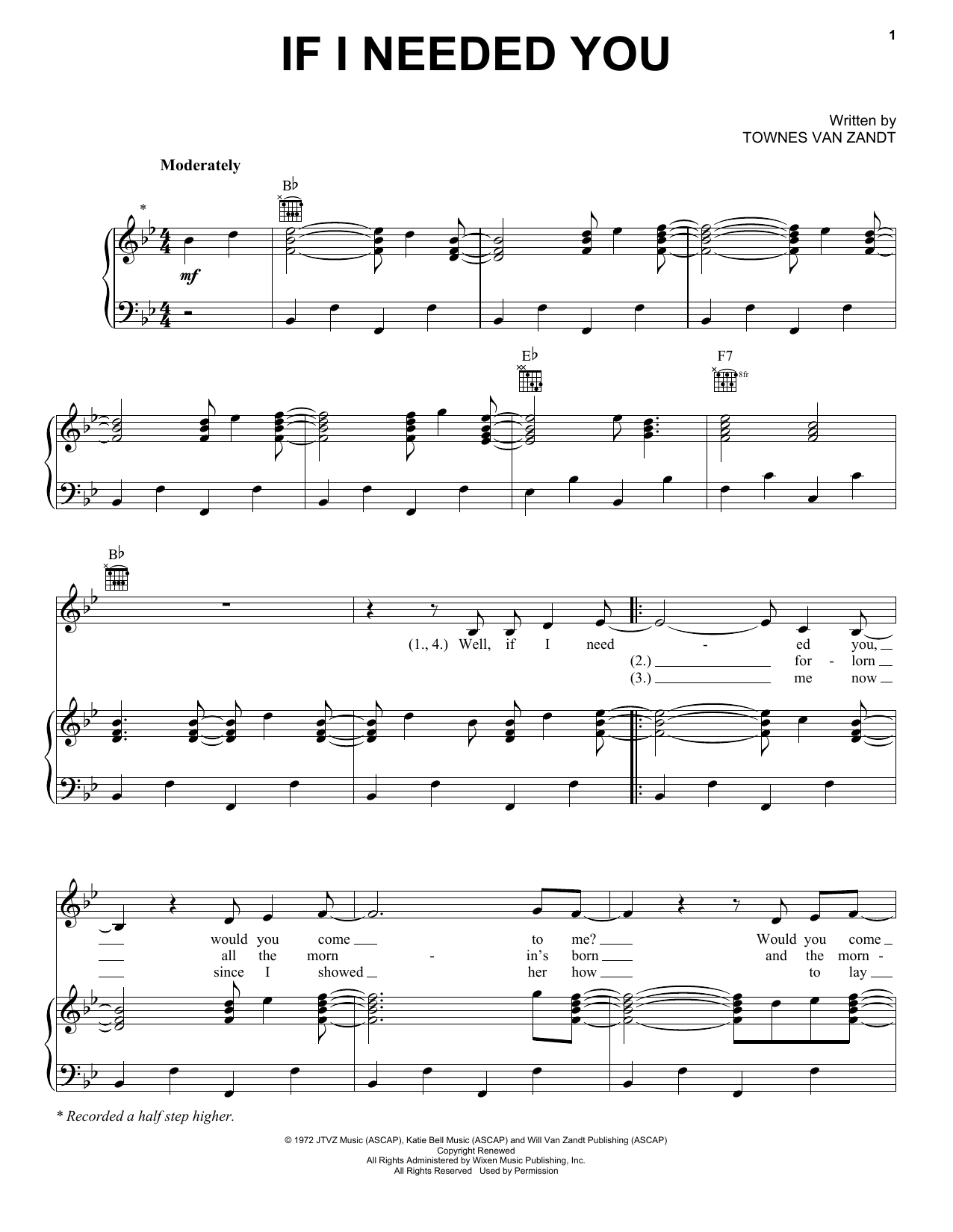 Townes Van Zandt If I Needed You Sheet Music
