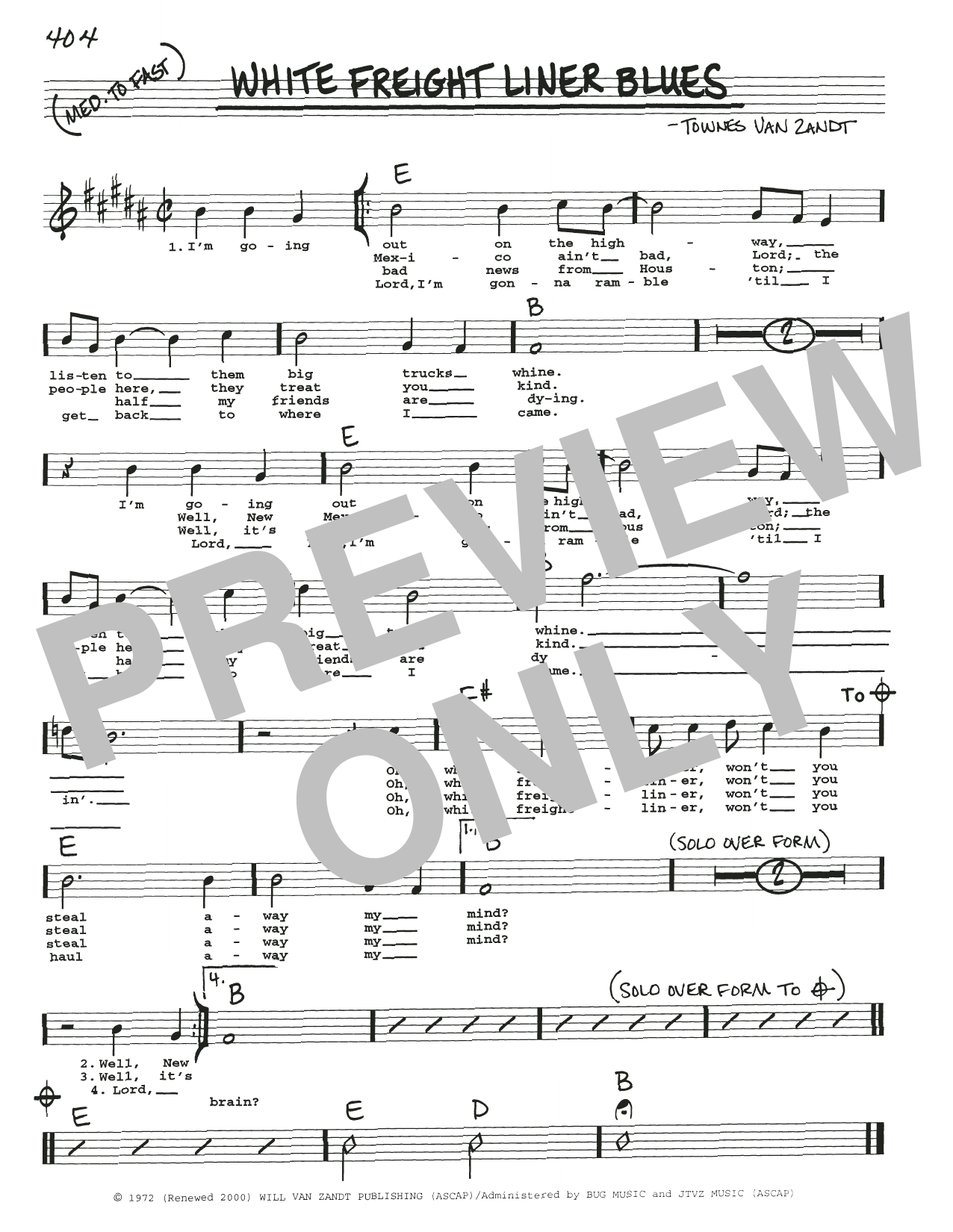 Townes Van Zandt White Freight Liner Blues Sheet Music