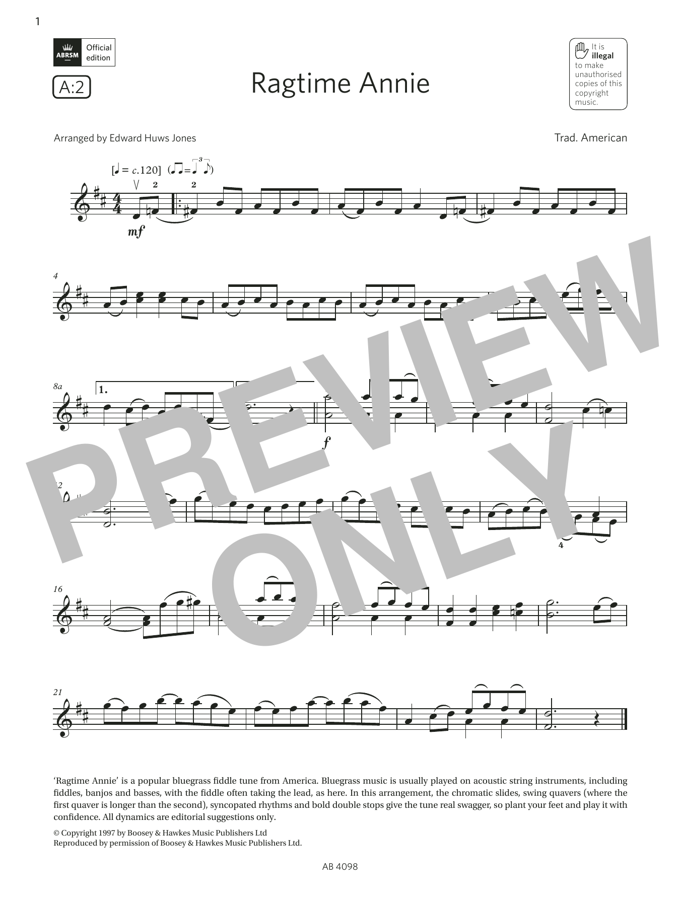 Trad. American Ragtime Annie (Grade 4, A2, from the ABRSM Violin Syllabus from 2024) Sheet Music