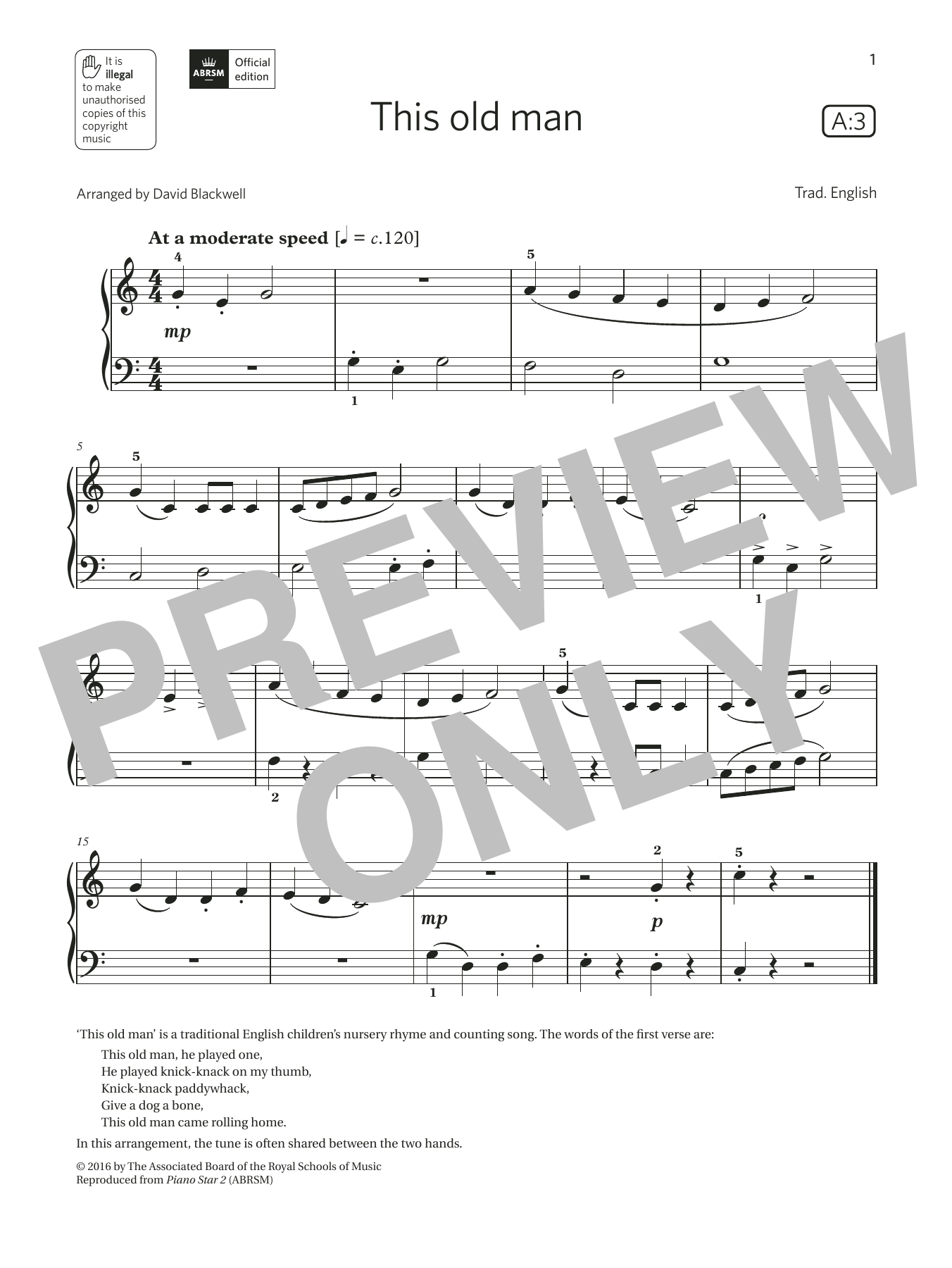Trad. English This old man (Grade Initial, list A3, from the ABRSM Piano Syllabus 2021 & 2022) Sheet Music