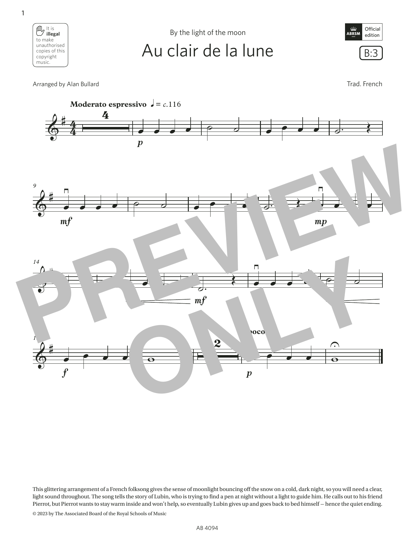 Trad. French Au clair de la lune (Grade Initial, B3, from the ABRSM Violin Syllabus from 2024 Sheet Music