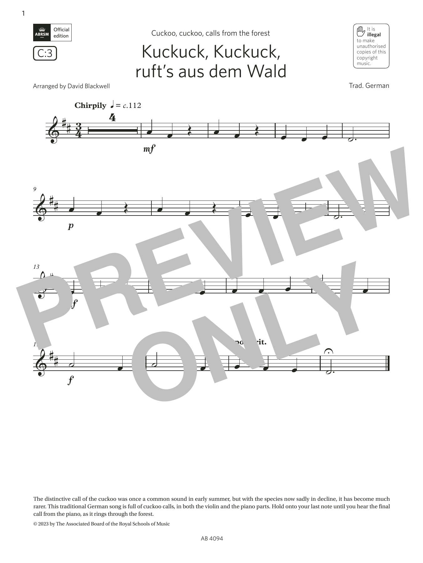 Trad. German Kuckuck, Kuckuck, ruft's aus dem Wald (Grade Initial, C3, from the ABRSM Violin Sheet Music