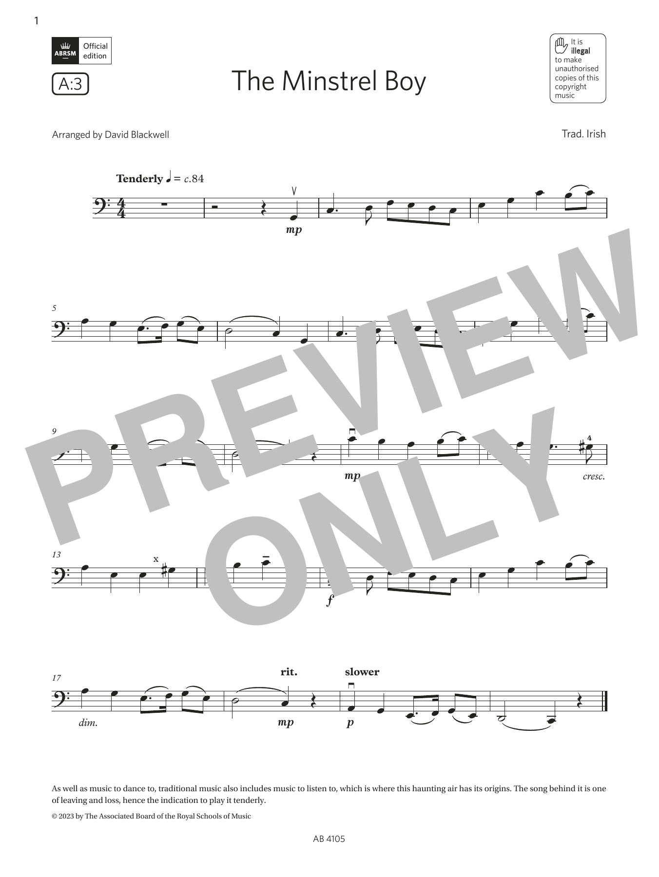 Trad. Irish The Minstrel Boy (Grade 2, A3, from the ABRSM Cello Syllabus from 2024) Sheet Music