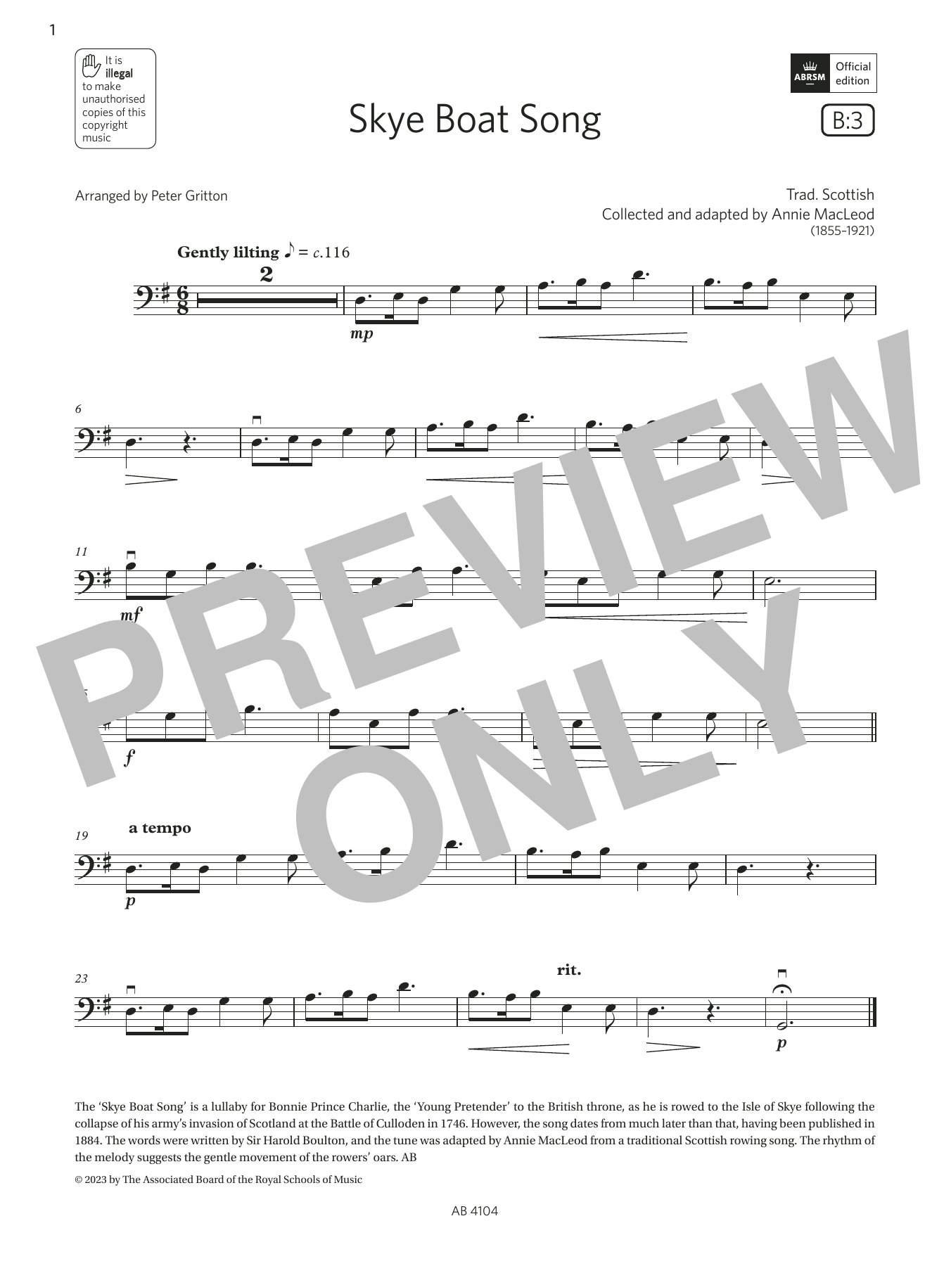 Trad. Scottish Skye Boat Song (Grade 1, B3, from the ABRSM Cello Syllabus from 2024) Sheet Music