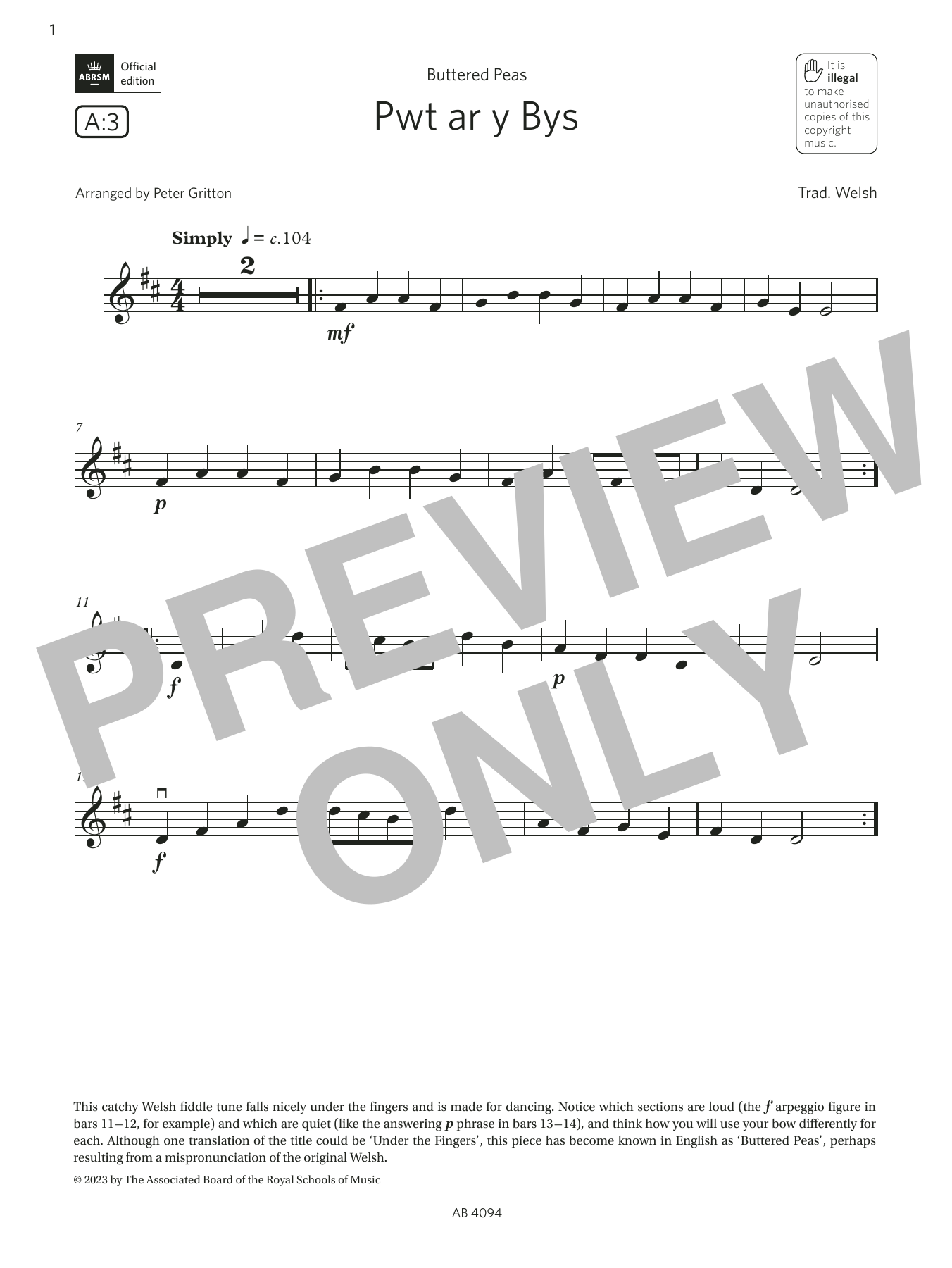 Trad. Welsh Pwt ar y Bys (Grade Initial, A3, from the ABRSM Violin Syllabus from 2024) Sheet Music