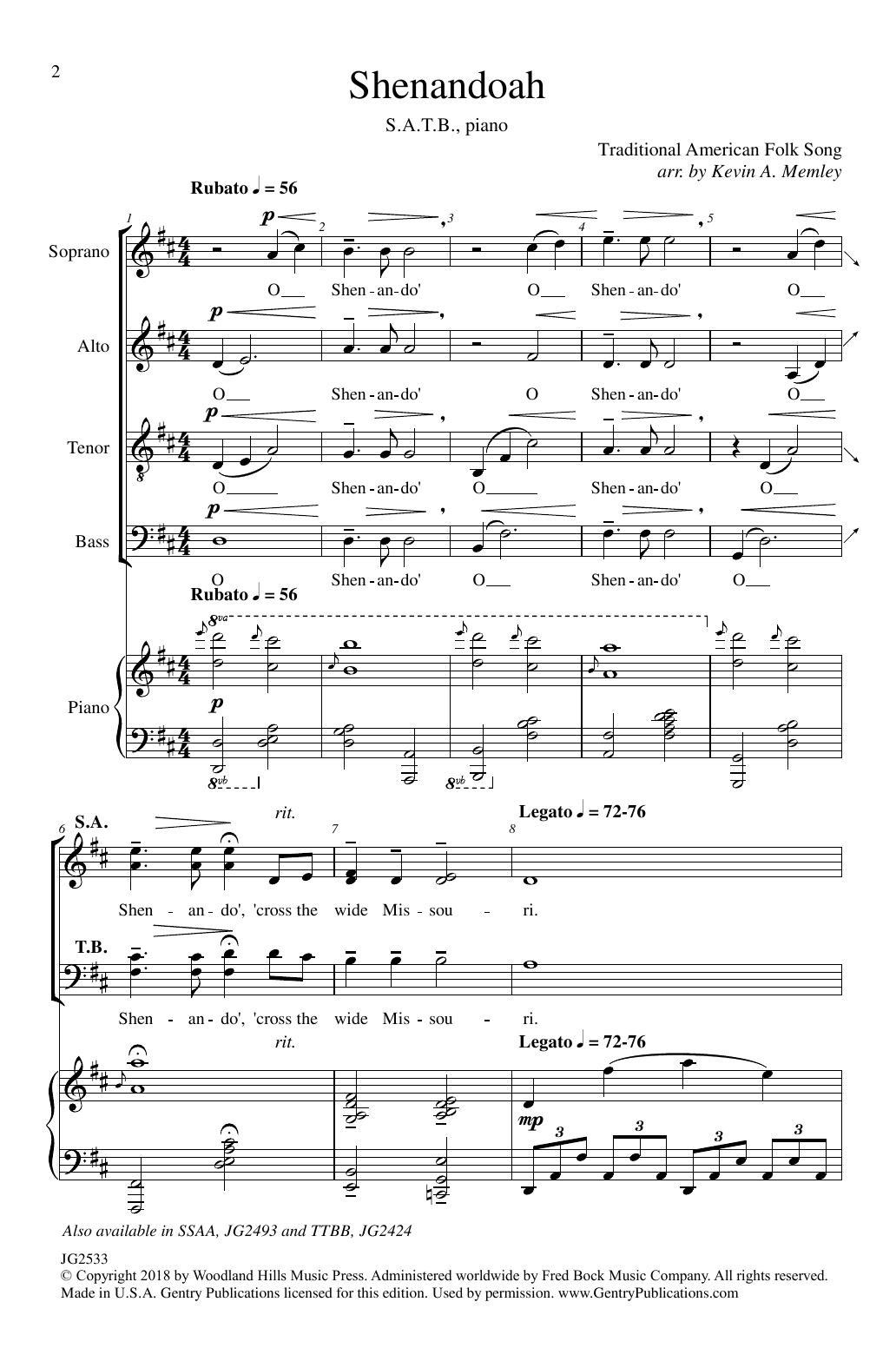Traditional American Folk Song Shenandoah (arr. Kevin A. Memley) Sheet Music