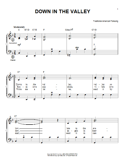 Traditional American Folksong Down In The Valley (arr. Gary Meisner) Sheet Music