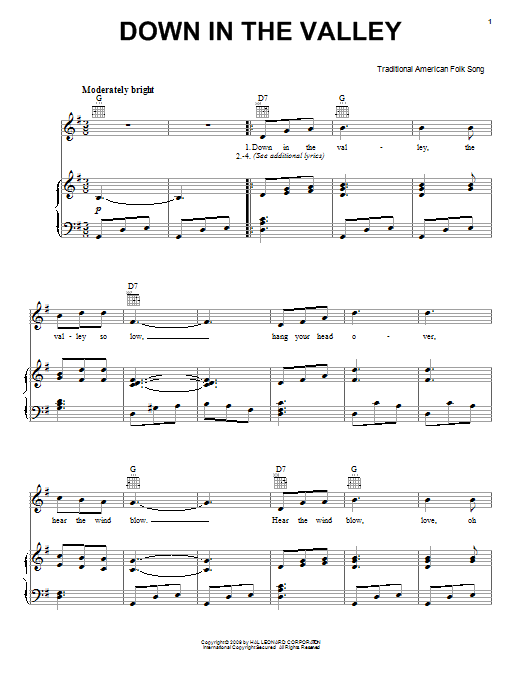 Traditional American Folksong Down In The Valley Sheet Music