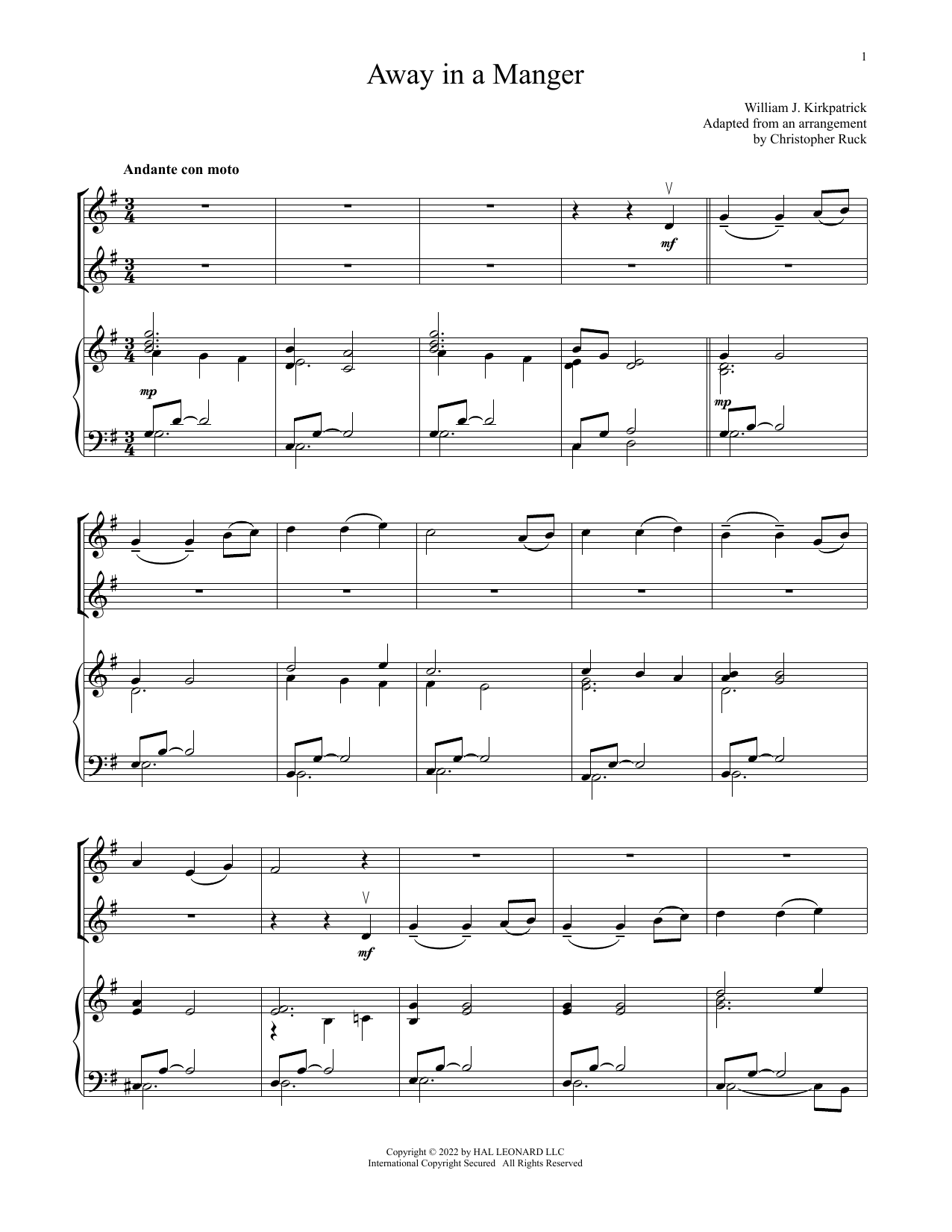 Traditional Away In A Manger (for Violin Duet and Piano) Sheet Music