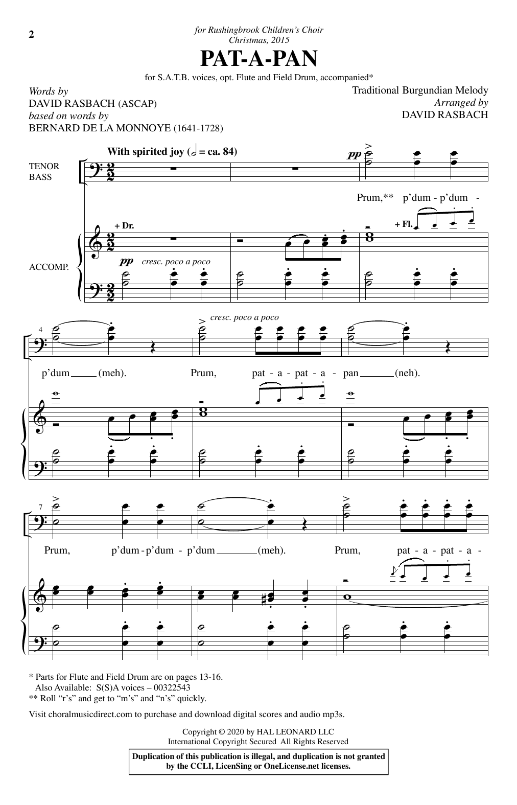 Traditional Burgundian Melody Pat-A-Pan (arr. David Rasbach) Sheet Music