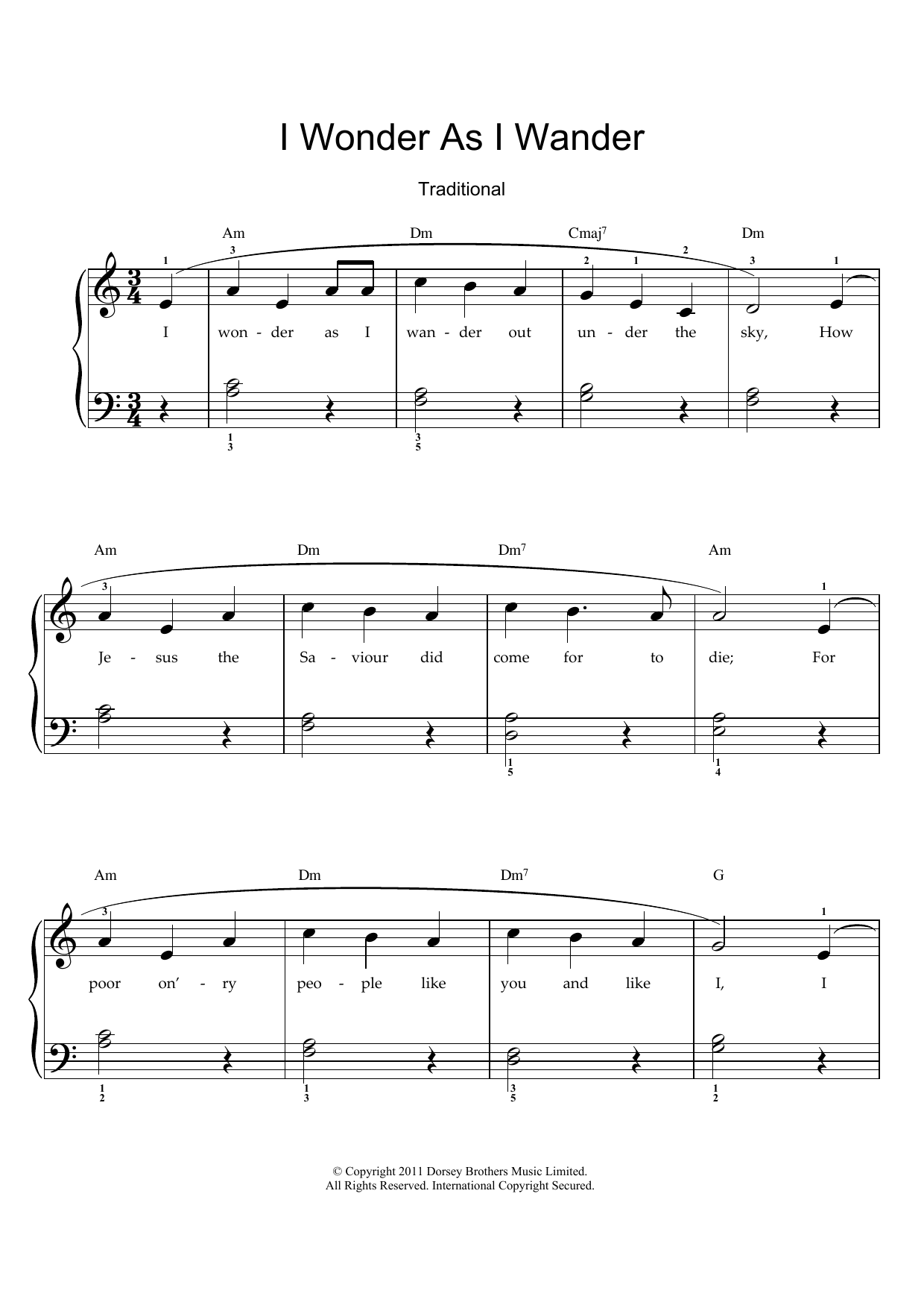 Traditional Carol I Wonder As I Wander Sheet Music