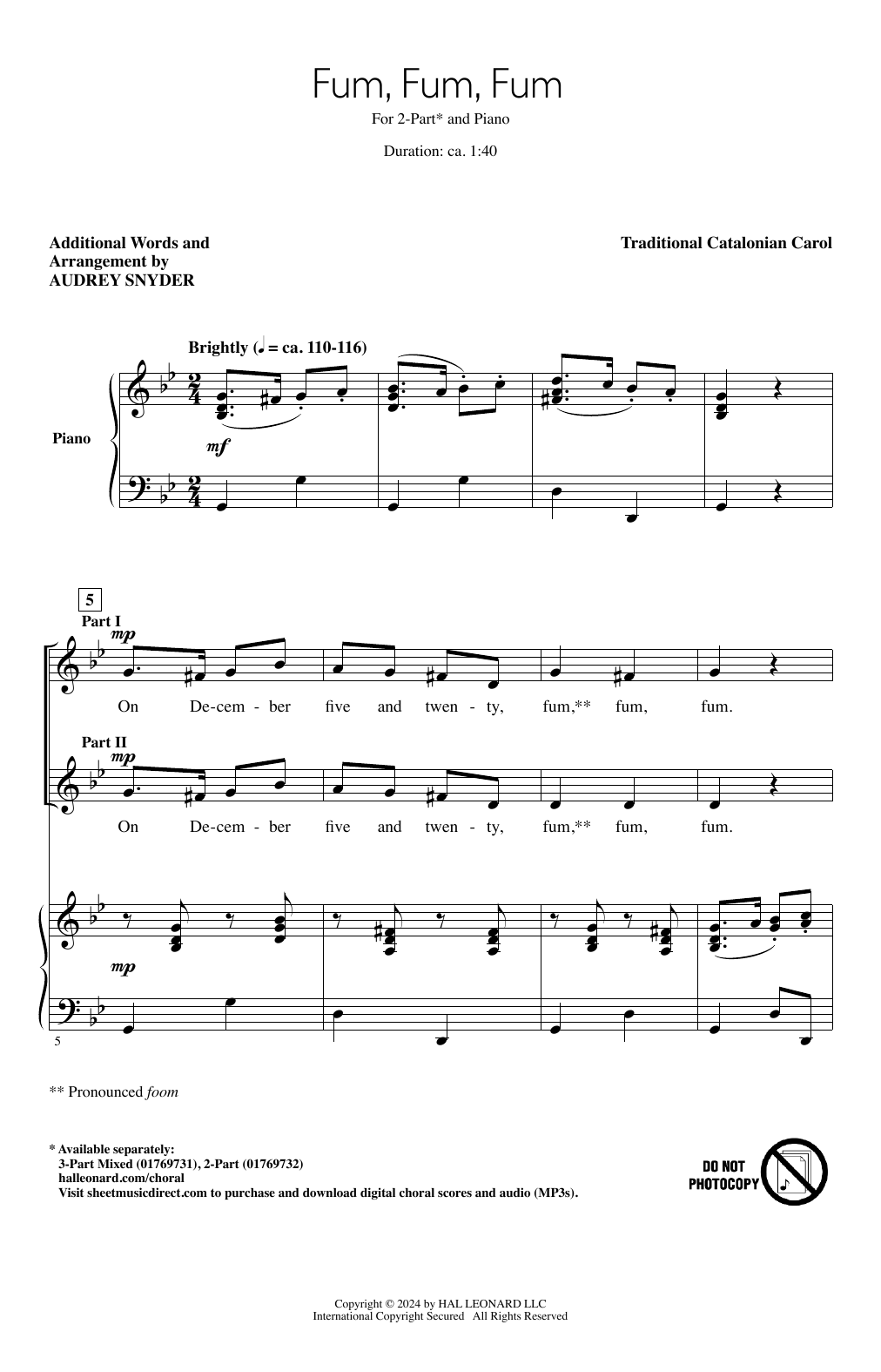 Traditional Catalonian Carol Fum, Fum, Fum (arr. Audrey Snyder) Sheet Music