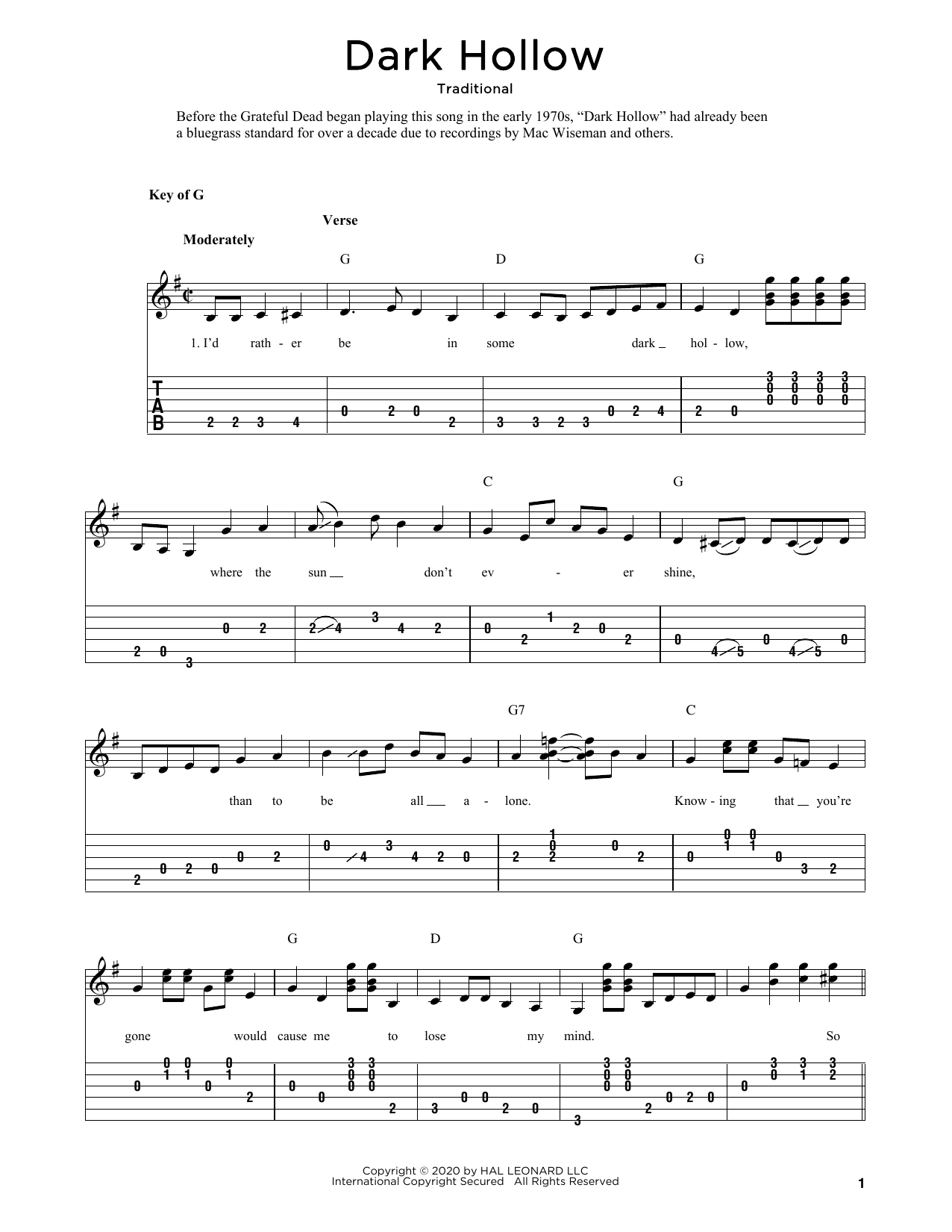 Traditional Dark Hollow (arr. Fred Sokolow) Sheet Music