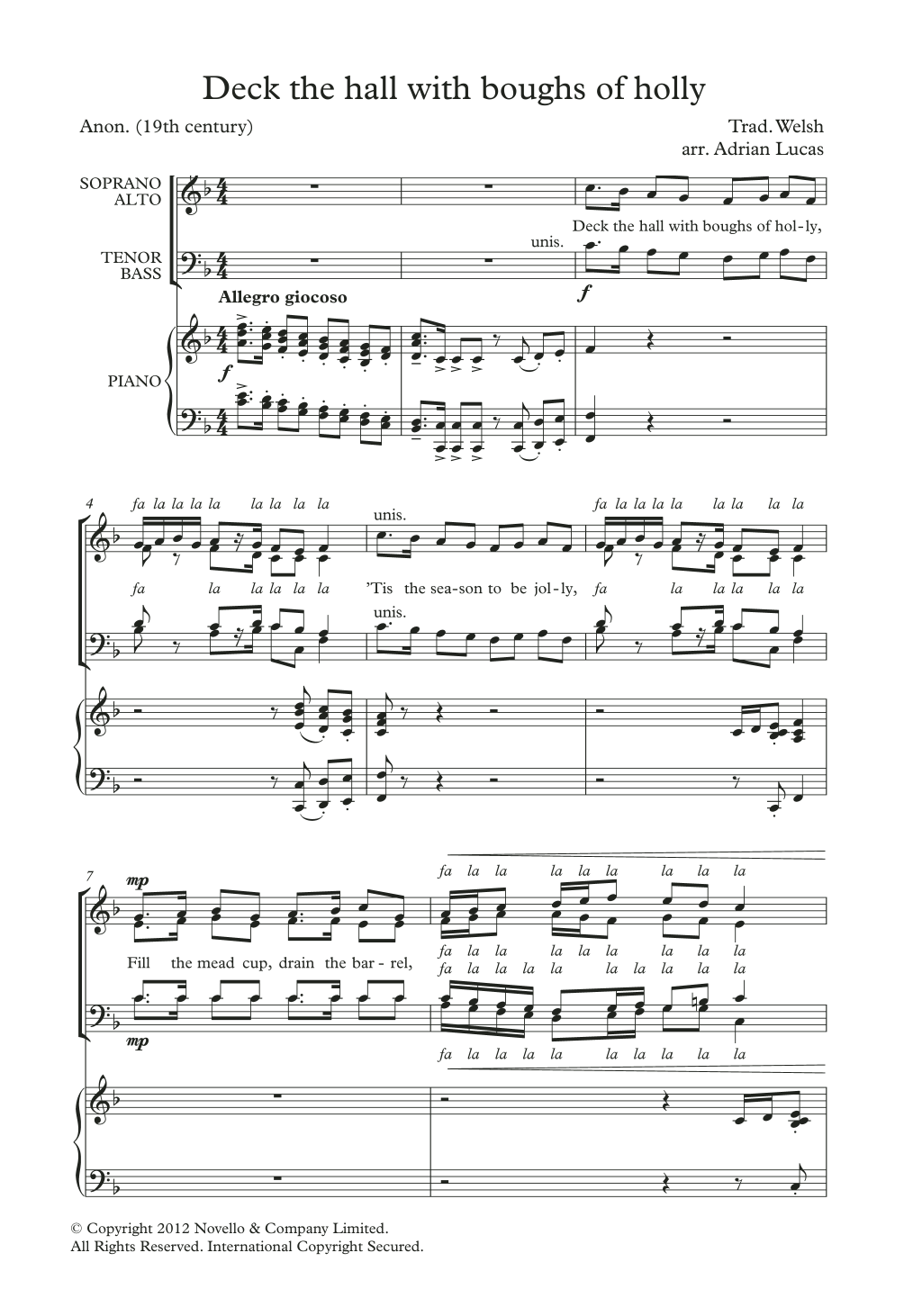 Traditional Deck The Halls With Boughs Of Holly (arr. Adrian Lucas) Sheet Music
