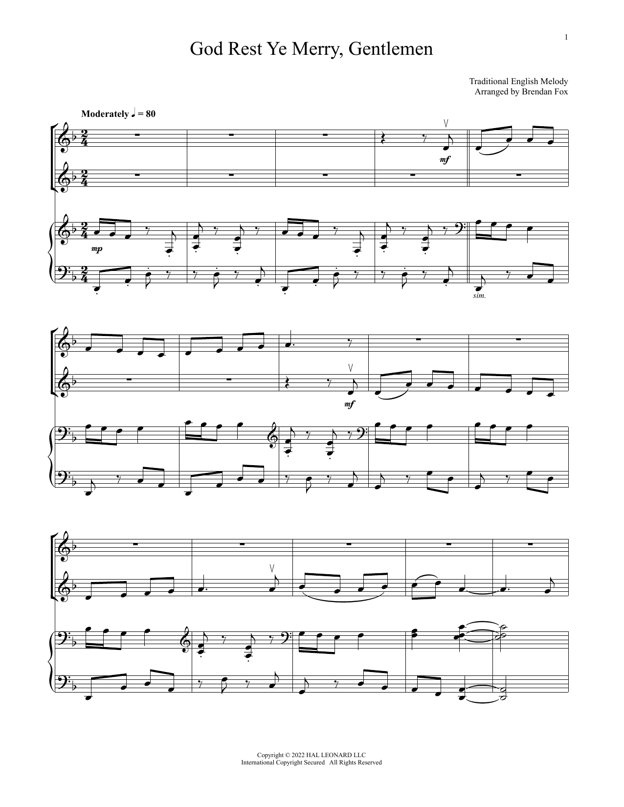 Traditional English Carol God Rest Ye Merry, Gentlemen (for Violin Duet and Piano) Sheet Music