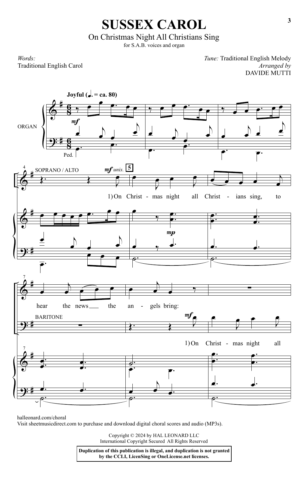 English Traditional Carol Sussex Carol (On Christmas Night All Christians Sing) (arr. Davide Mutti) Sheet Music