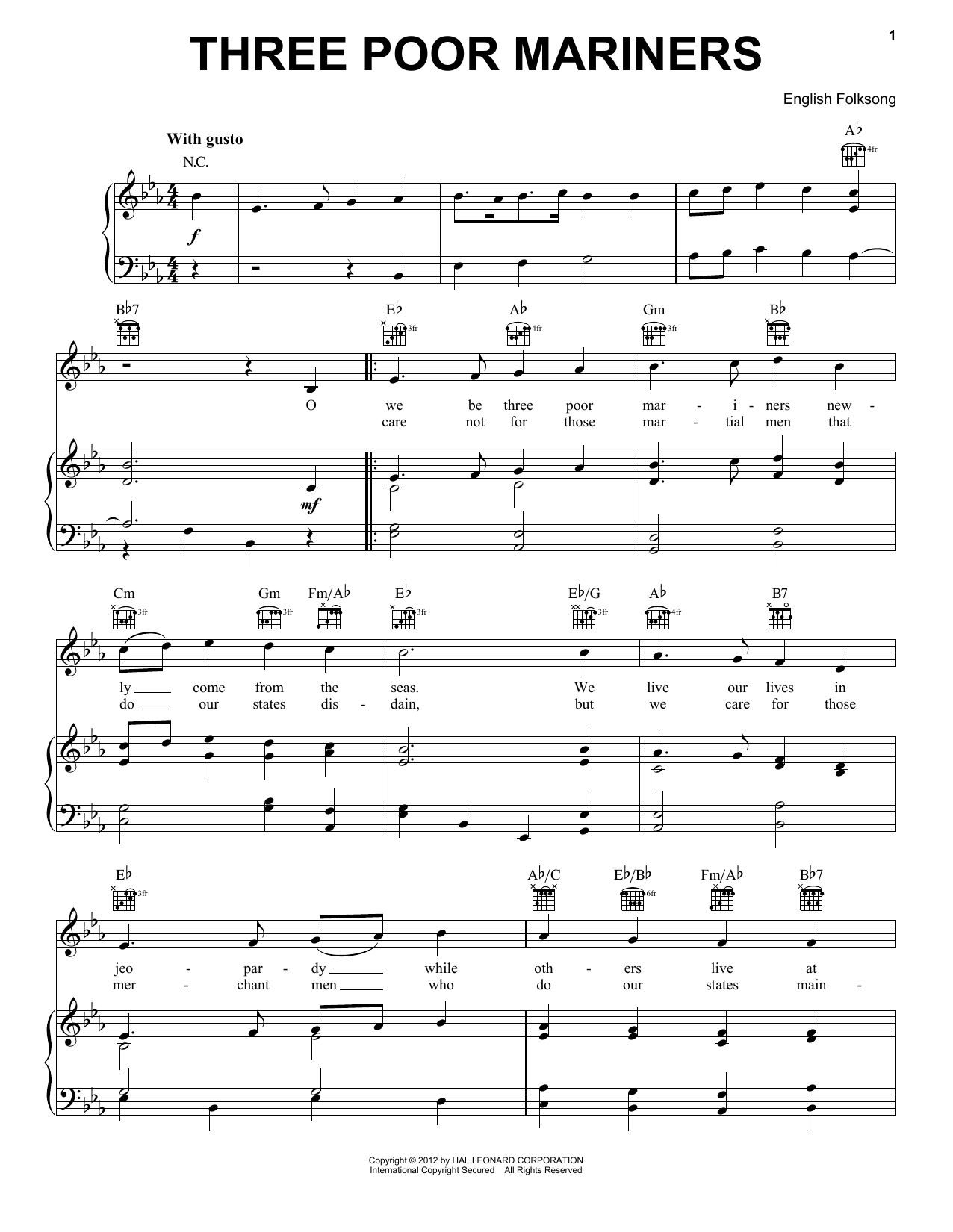 Traditional English Folksong Three Poor Mariners Sheet Music