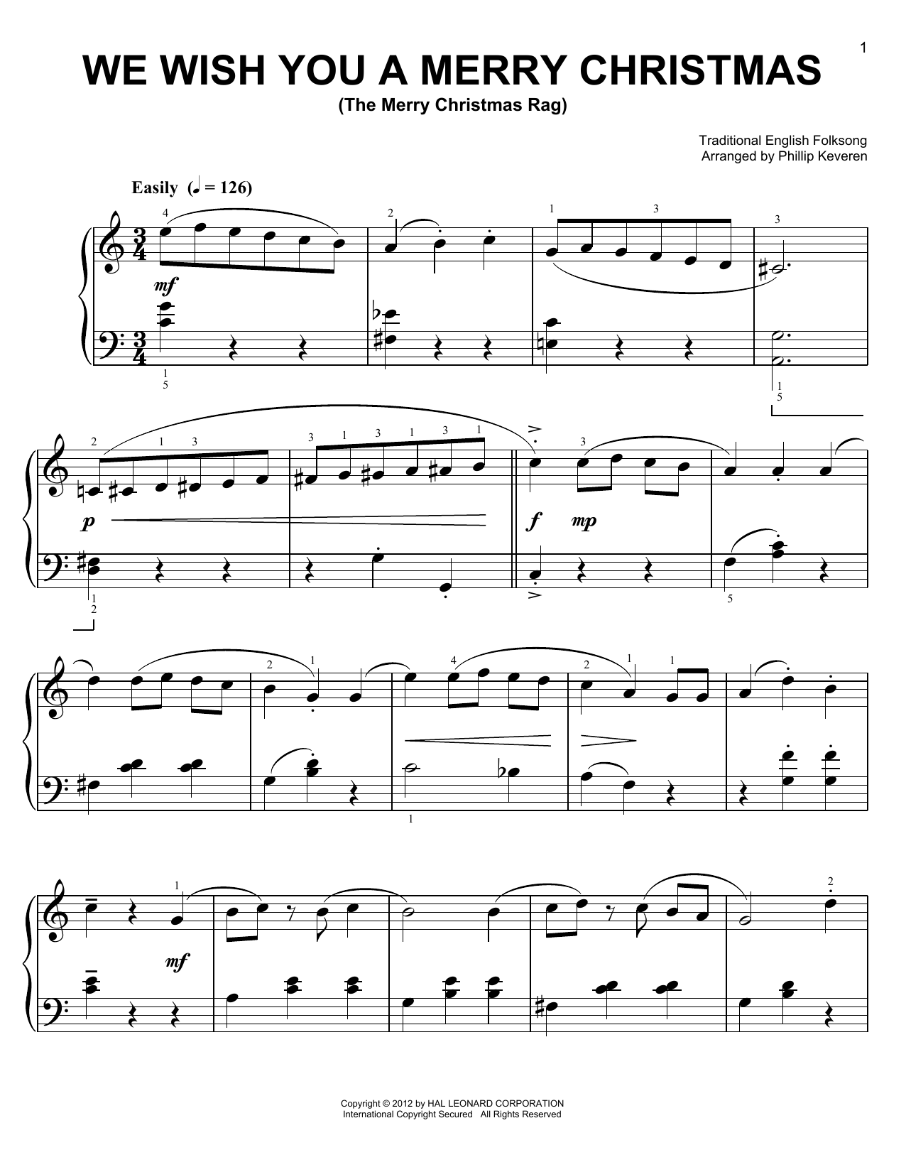 Traditional English Folksong We Wish You A Merry Christmas [Ragtime version] (arr. Phillip Keveren) Sheet Music