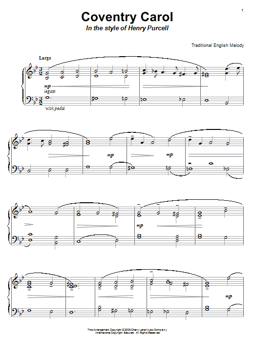 Traditional English Melody Coventry Carol (in the style of Henry Purcell) Sheet Music