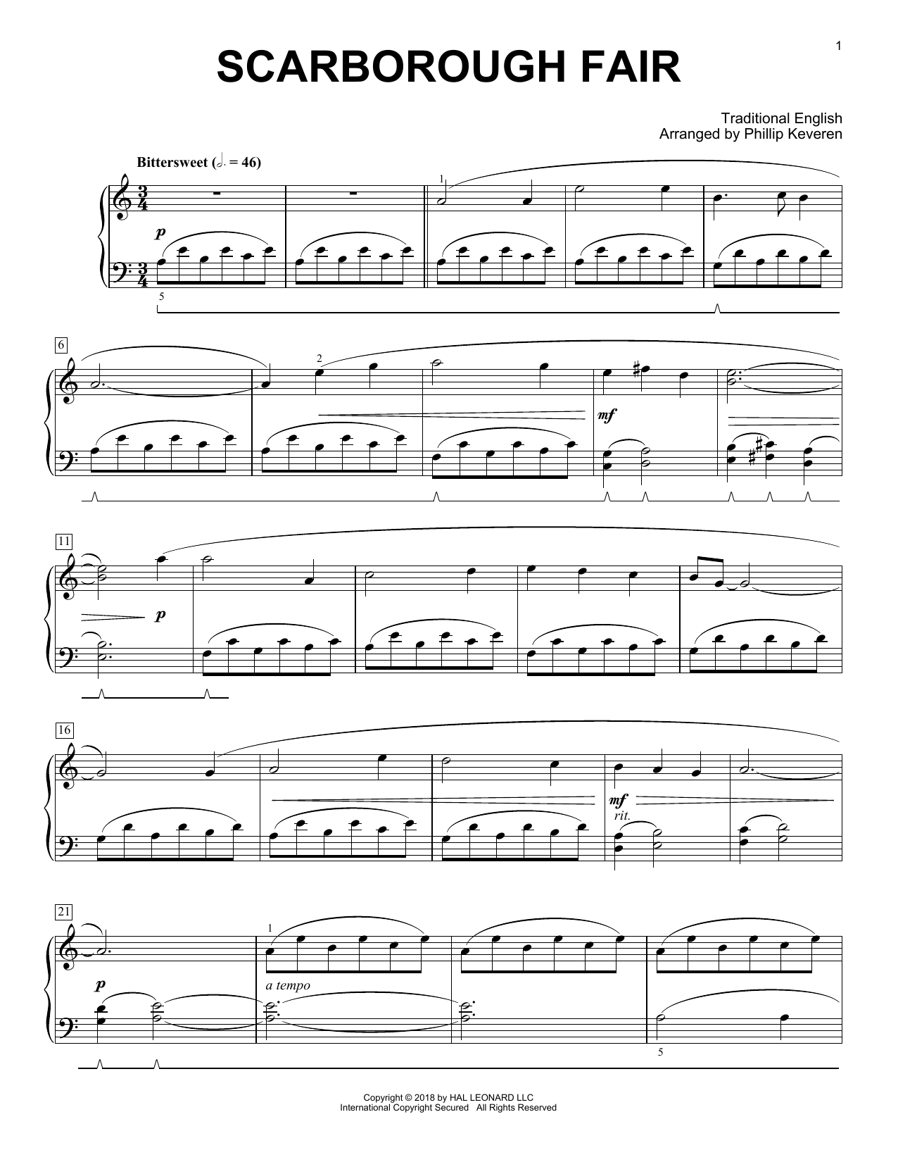 Traditional English Scarborough Fair [Classical version] (arr. Phillip Keveren) Sheet Music