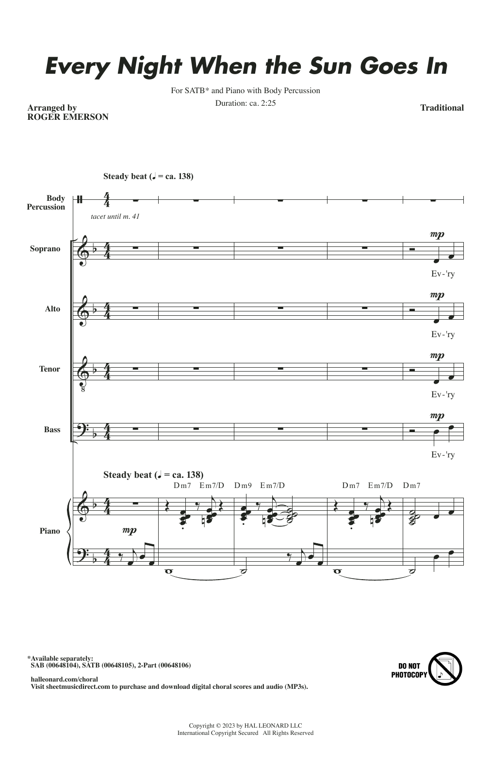 Traditional Every Night When The Sun Goes In (arr. Roger Emerson) Sheet Music