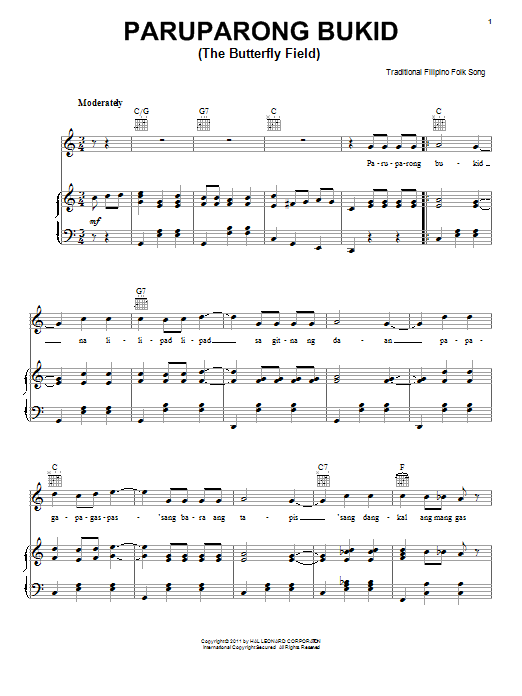 Traditional Filipino Folk Song Paruparong Bukid (The Butterfly Field) Sheet Music