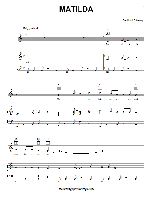 Traditional Folk Song Matilda Sheet Music