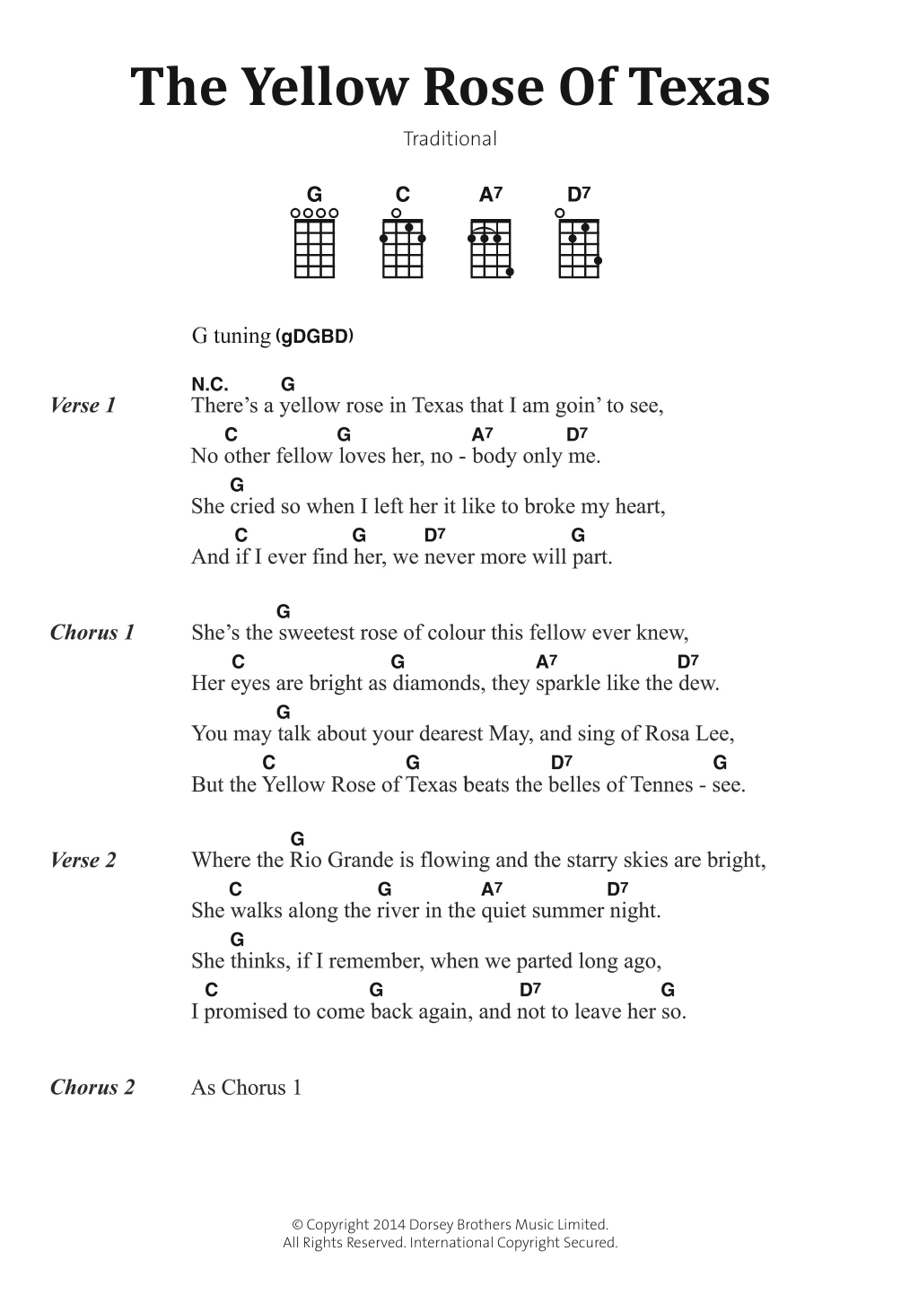 Traditional Folksong The Yellow Rose Of Texas Sheet Music