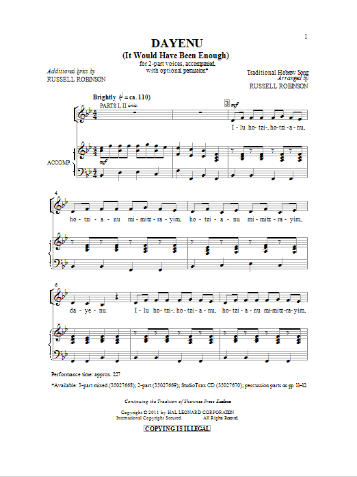 Traditional Hebrew Melody Dayeinu (arr. Russell Robinson) Sheet Music