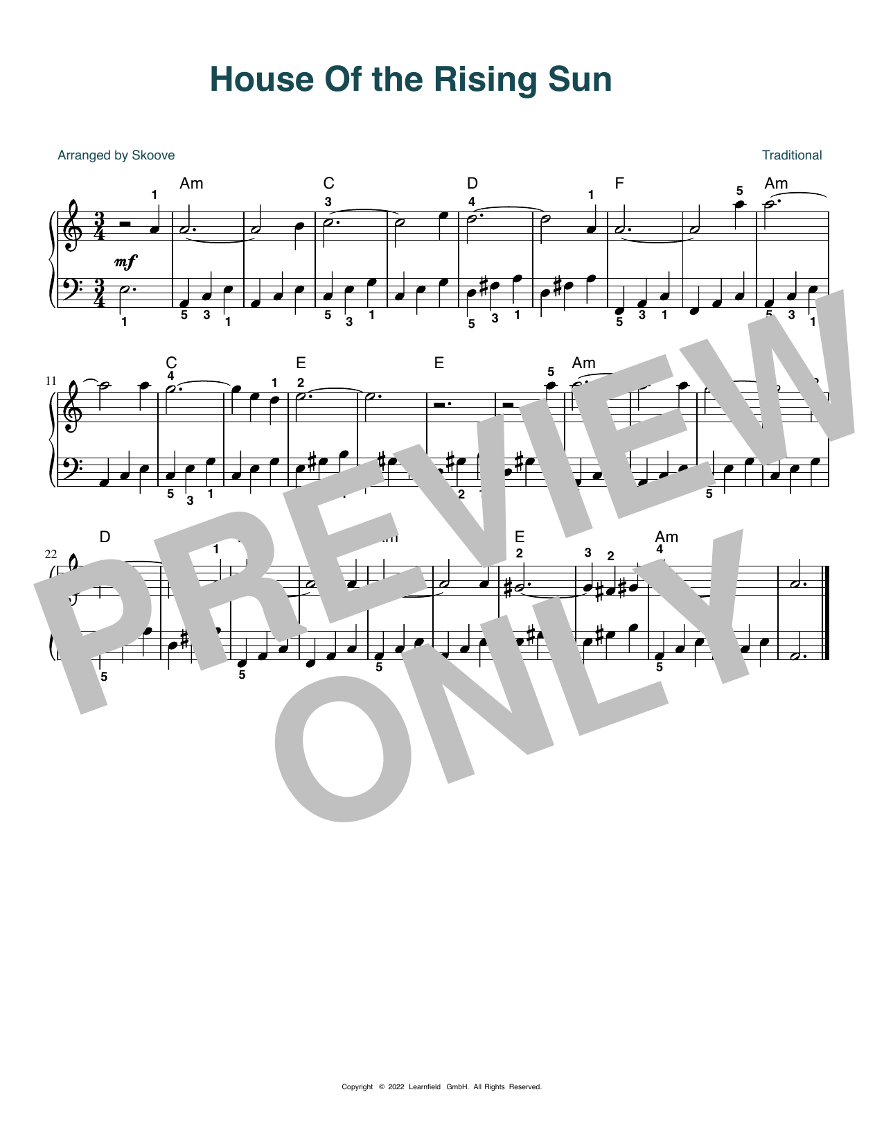 Traditional House of the Rising Sun (arr. Skoove) Sheet Music