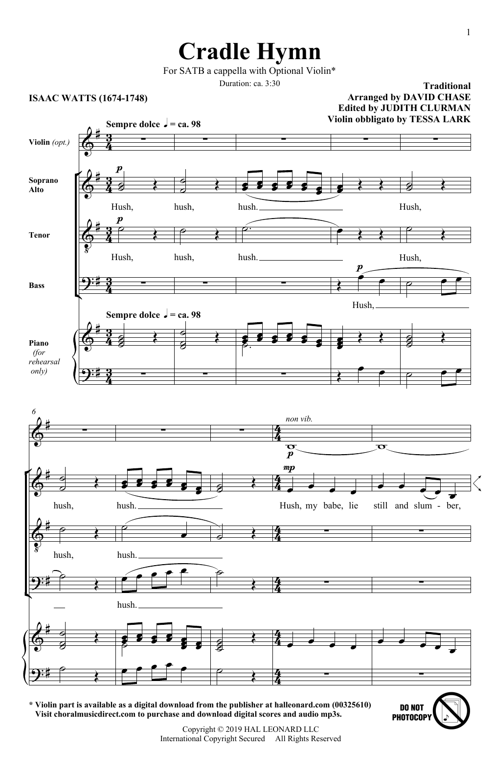Traditional Hymn Cradle Hymn (arr. David Chase) Sheet Music