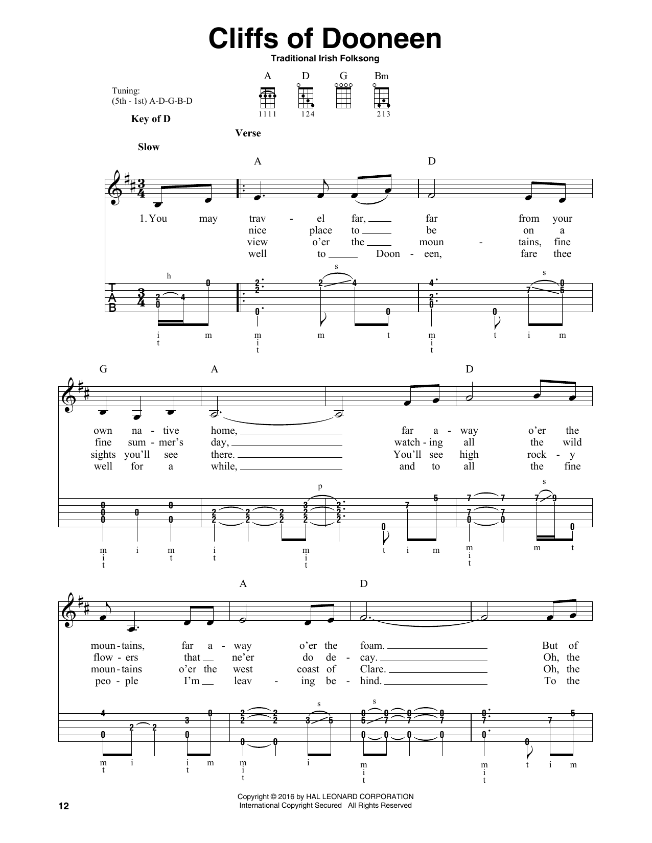 Traditional Irish Folk Song Cliffs Of Doneen Sheet Music