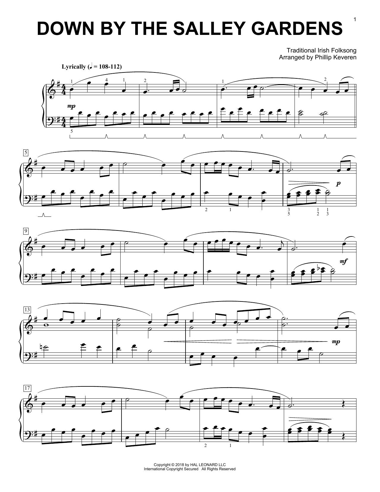 Traditional Irish Folk Song Down By The Salley Gardens [Classical version] (arr. Phillip Keveren) Sheet Music