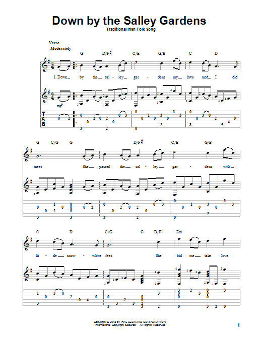 Traditional Irish Folk Song Down By The Sally Gardens Sheet Music
