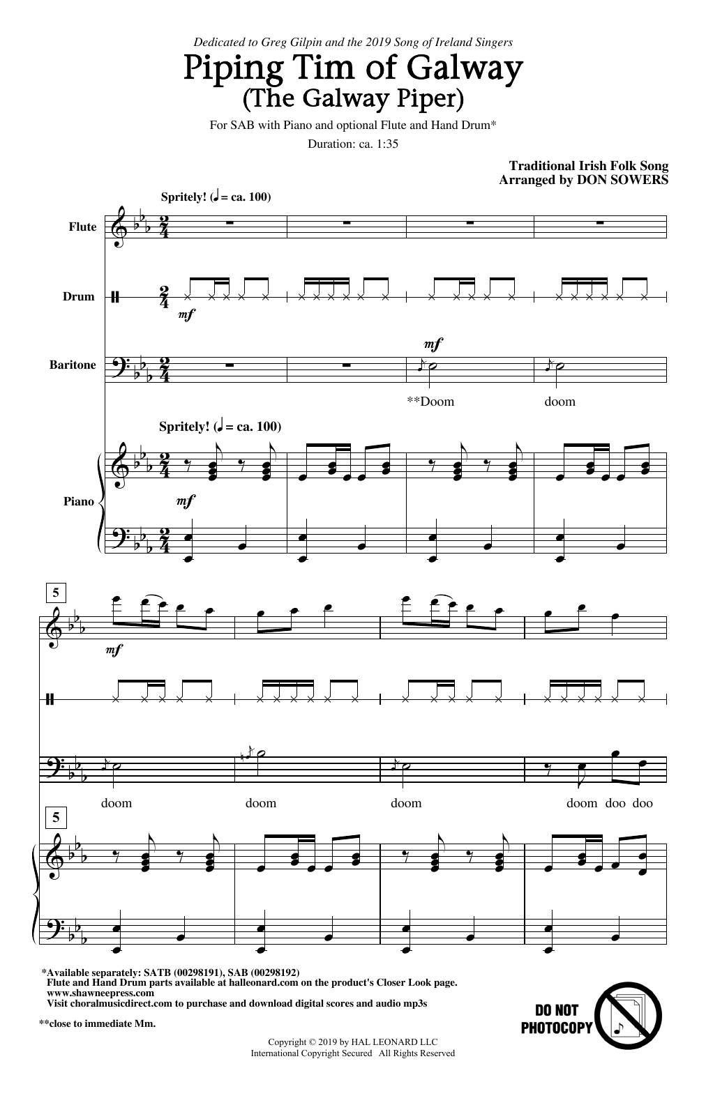 Traditional Irish Folk Song Piping Tim Of Galway (The Galway Piper) (arr. Don Sowers) Sheet Music