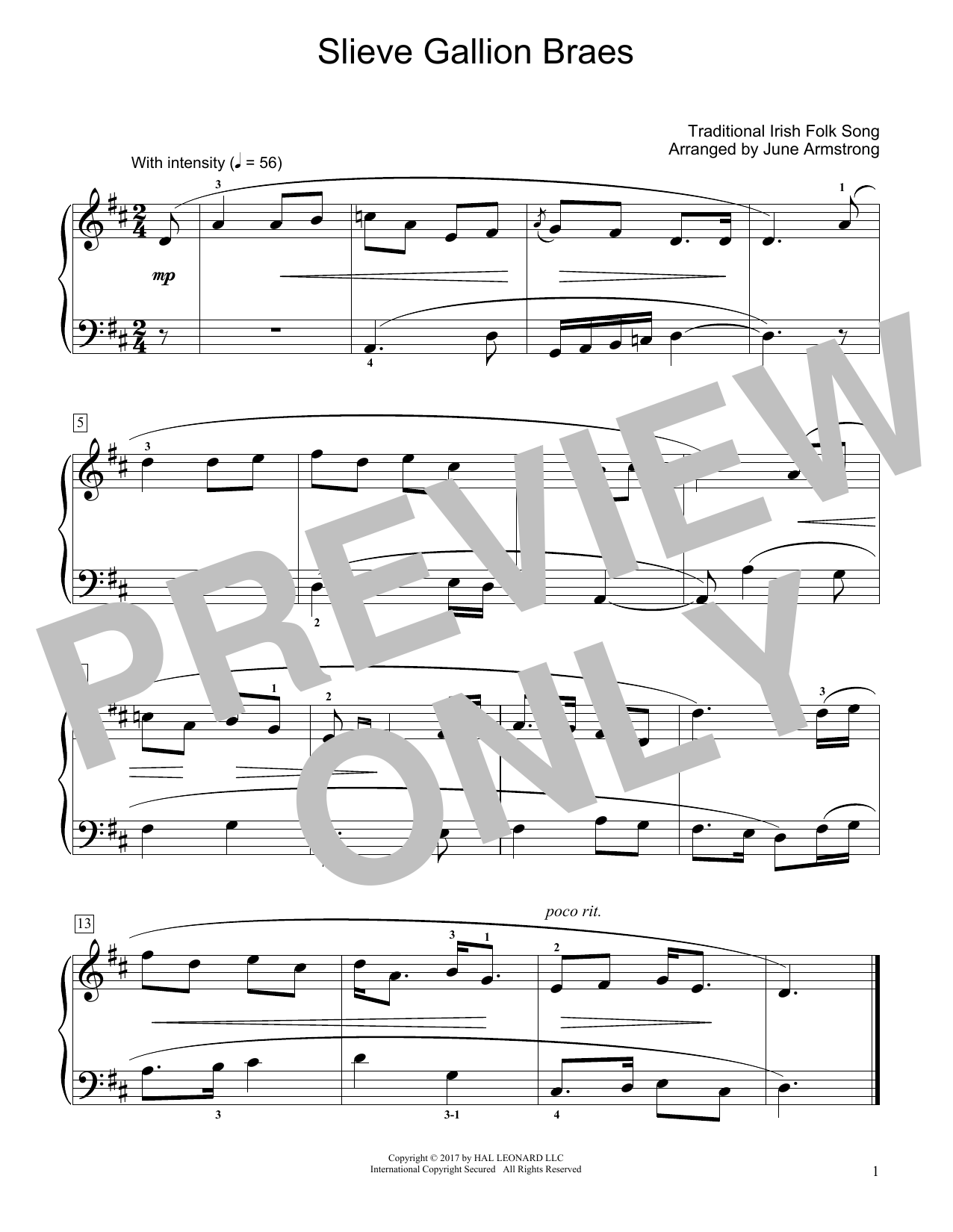 Traditional Irish Folk Song Slieve Gallion Braes (arr. June Armstrong) Sheet Music