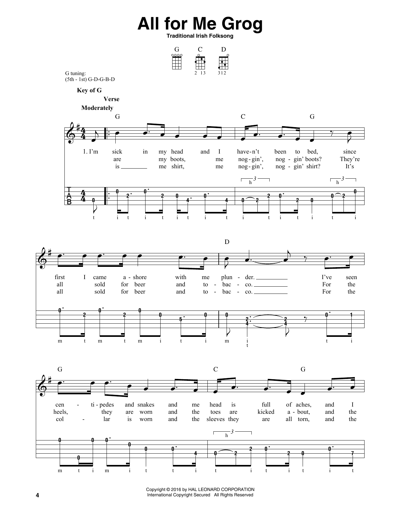 Traditional Irish Folksong All For Me Grog Sheet Music