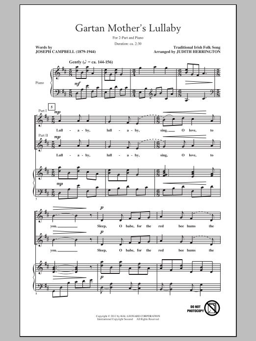 Traditional Irish Folksong Gartan Mother's Lullaby (arr. Judith Herrington) Sheet Music