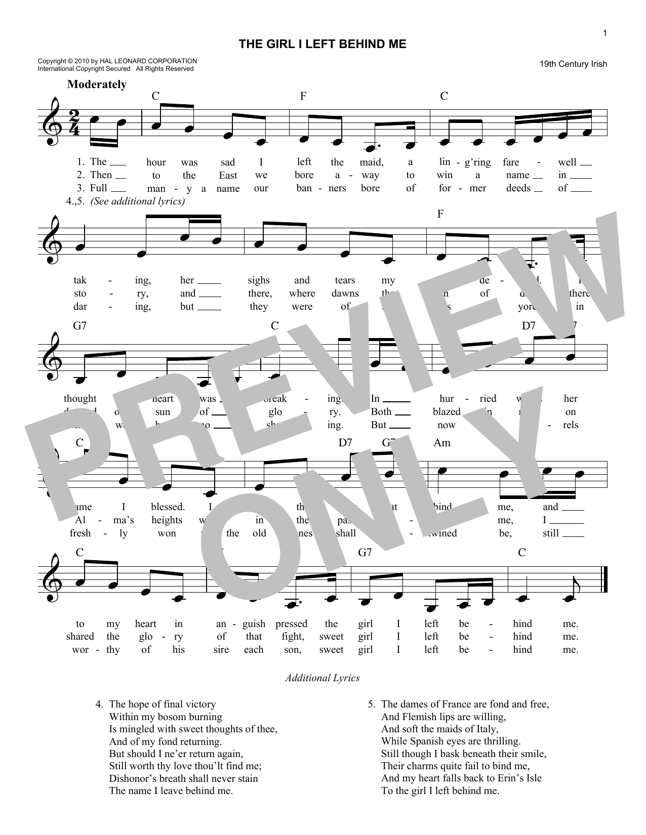 Traditional Irish Girl I Left Behind Me Sheet Music