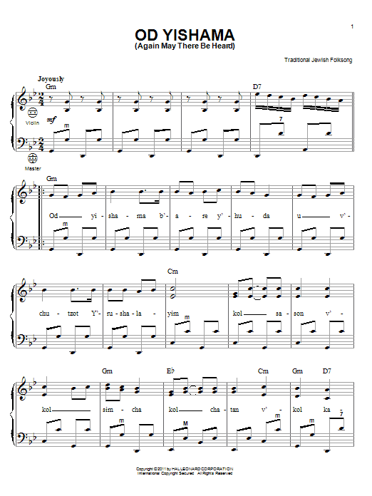 Traditional Jewish Folksong Od Yishama (Again May There Be Heard) Sheet Music
