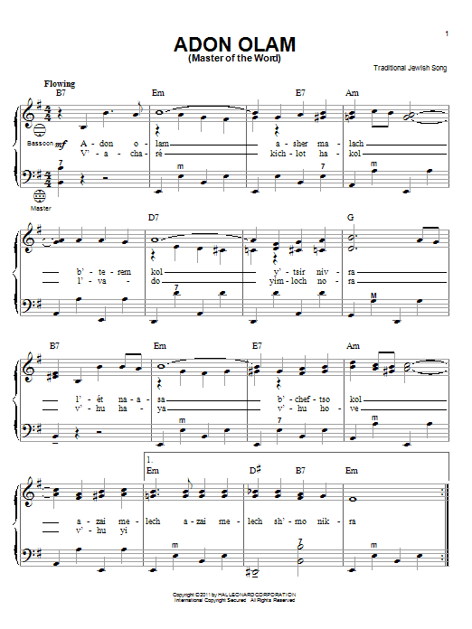 Traditional Jewish Song Adon Olam (Master Of The Word) Sheet Music