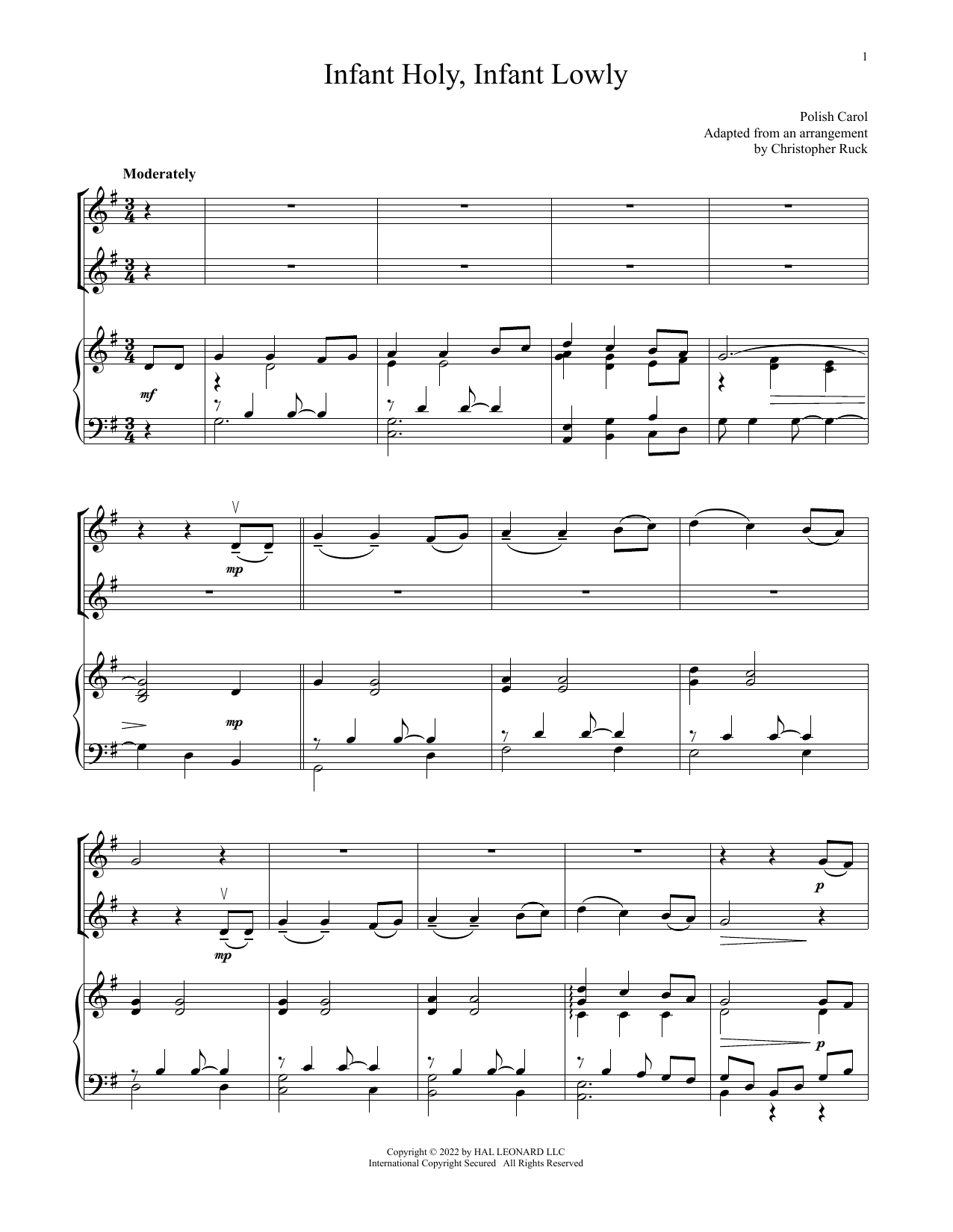 Traditional Polish Carol Infant Holy, Infant Lowly (for Violin Duet and Piano) Sheet Music
