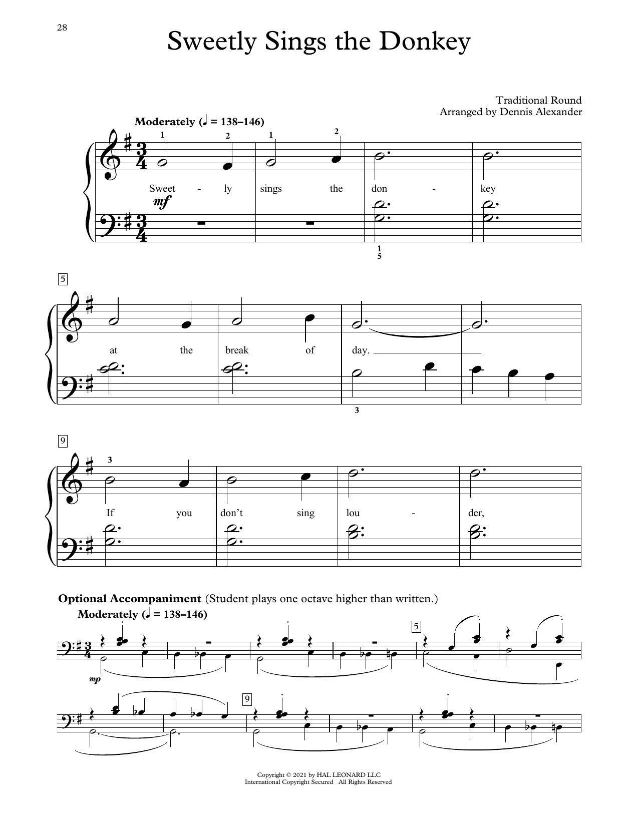 Traditional Round Sweetly Sings The Donkey (arr. Dennis Alexander) Sheet Music