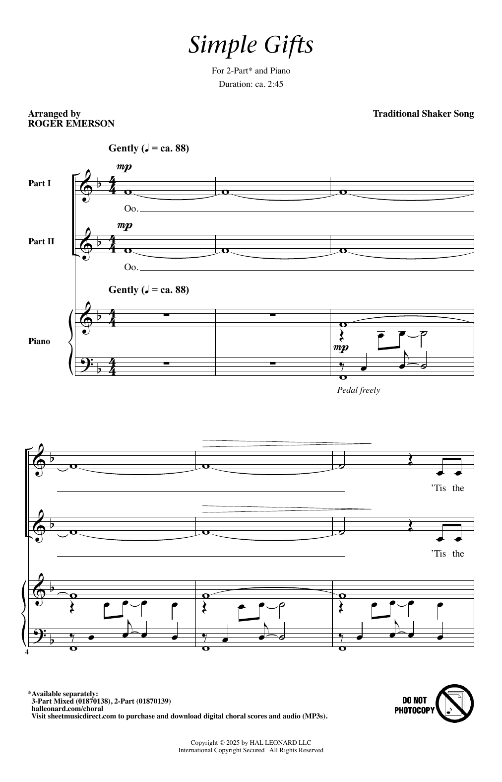 Traditional Shaker Song Simple Gifts (arr. Roger Emerson) Sheet Music